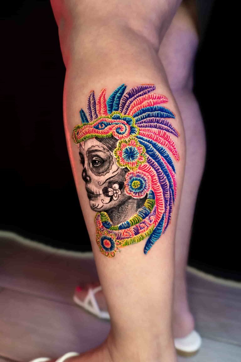: Embroidery tattoo of a woman with Mexican mesh design in patch style
