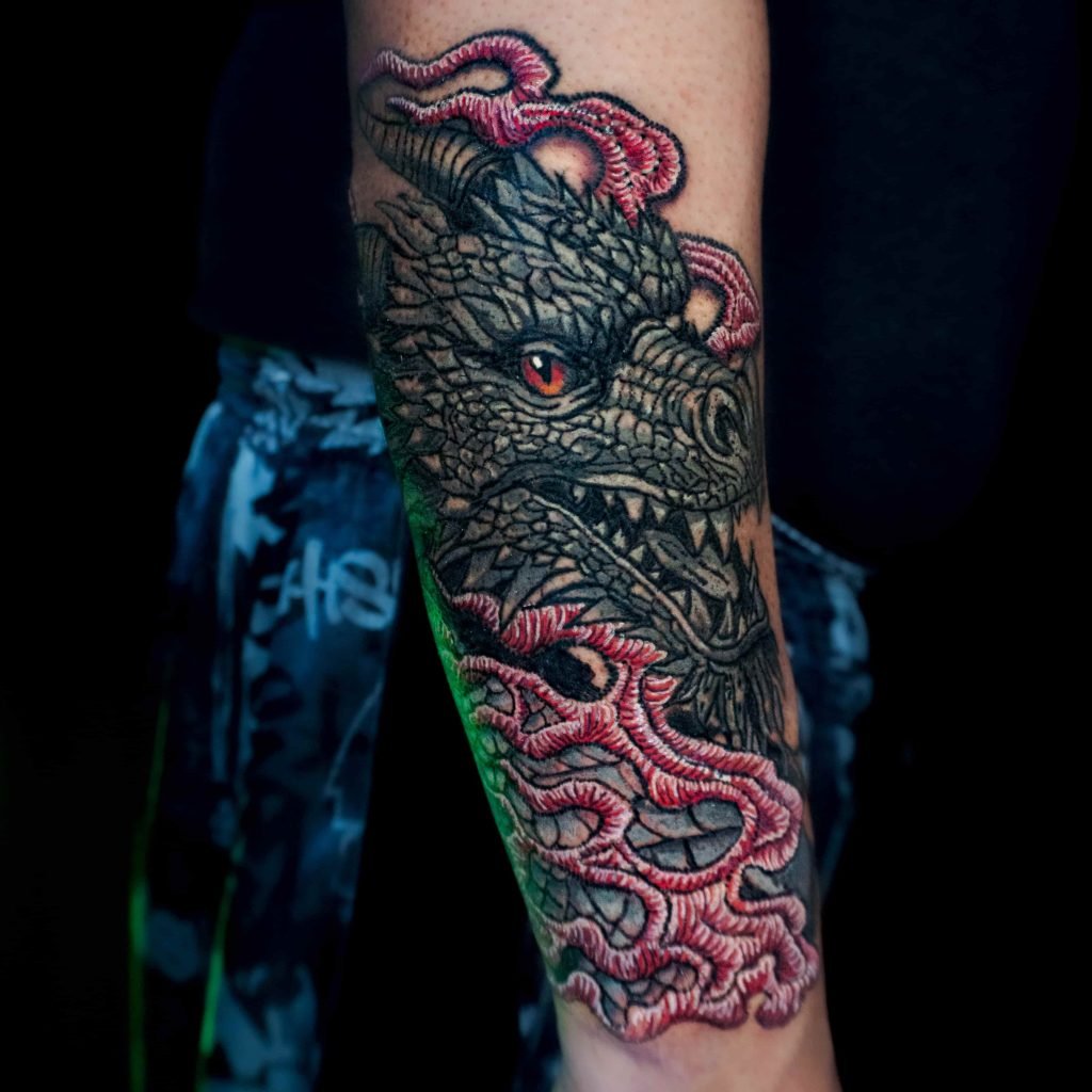 Embroidery tattoo sleeve in Charlotte NC with patch design