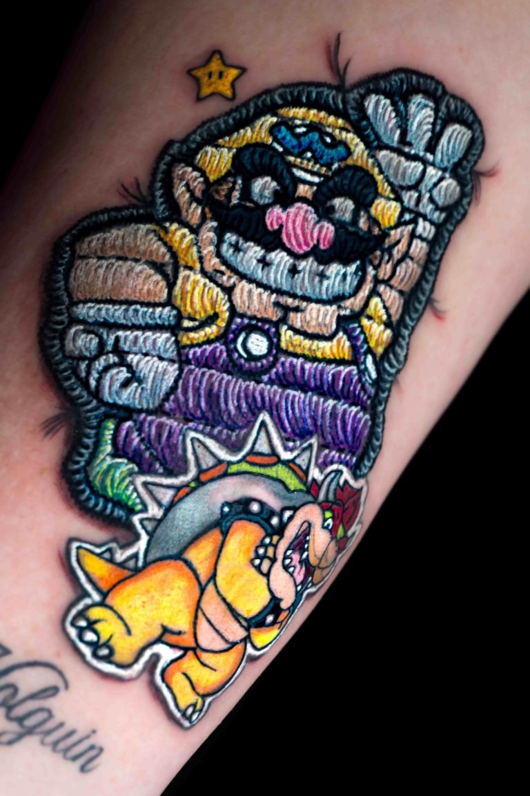 Wario and Bowser embroidery tattoo in patch and sticker style, colorful Nintendo characters design