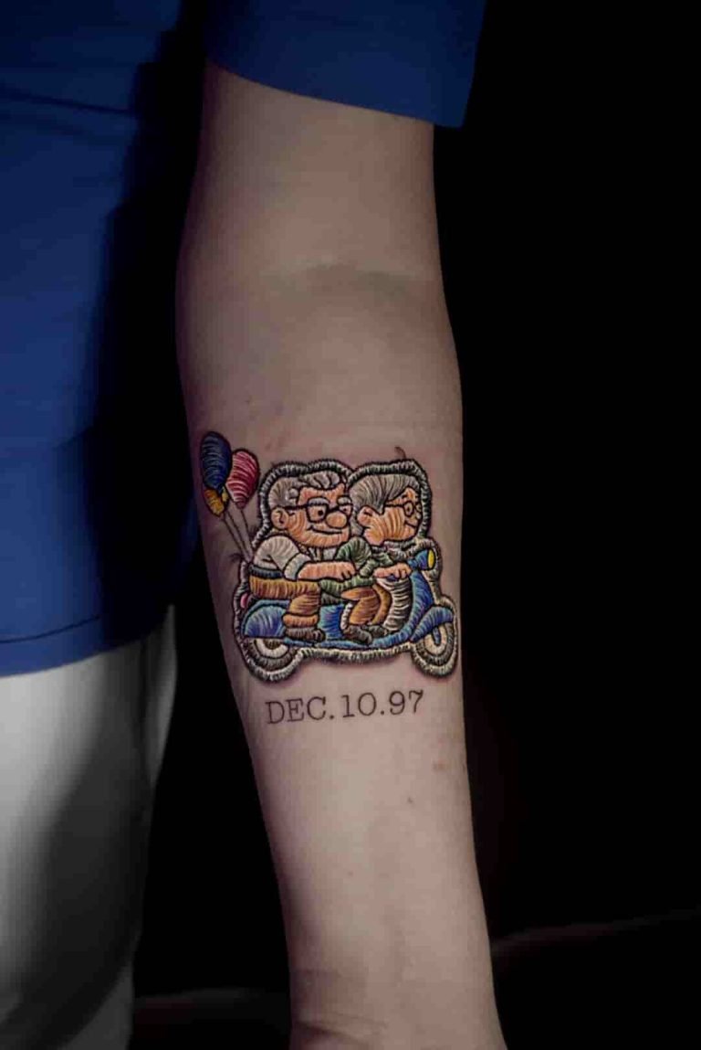 Up movie characters embroidery tattoo in patch style, colorful Pixar design